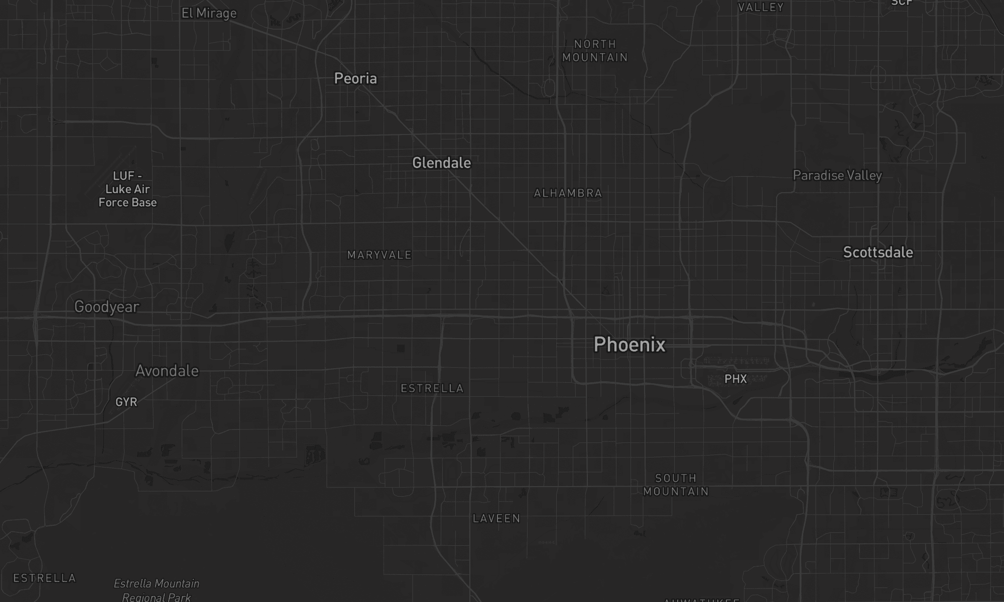 Map of the Phoenix metro area with glowing Frosted search zones